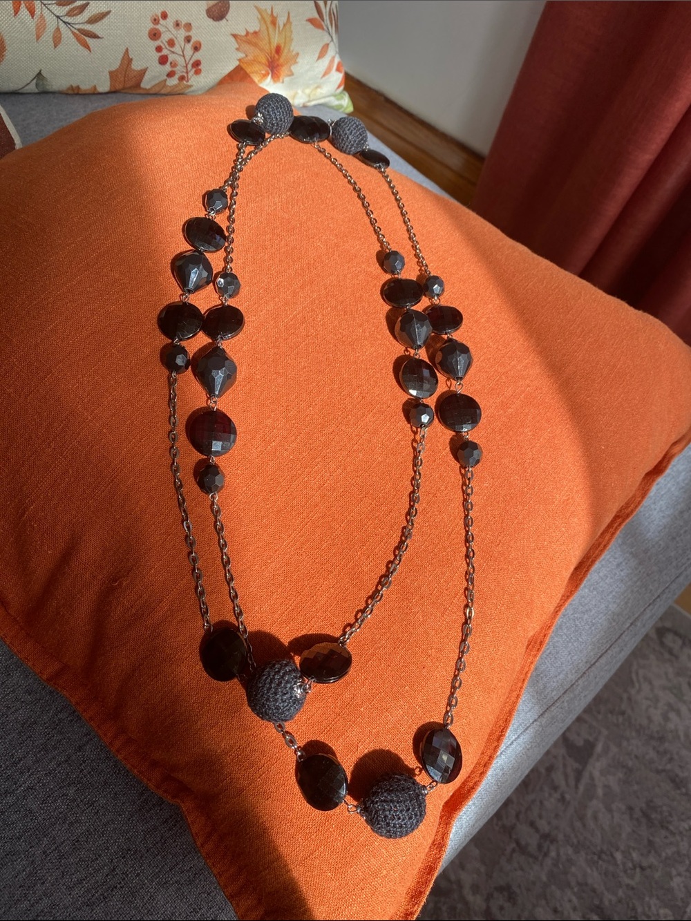 Black Bead Long Statement Necklace
